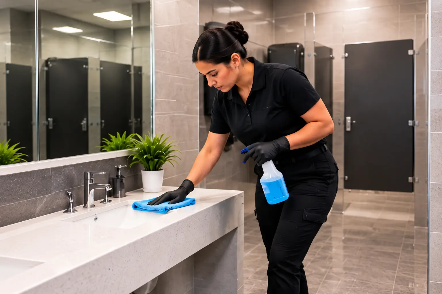 Golden Touch professional cleaning a commercial restroom