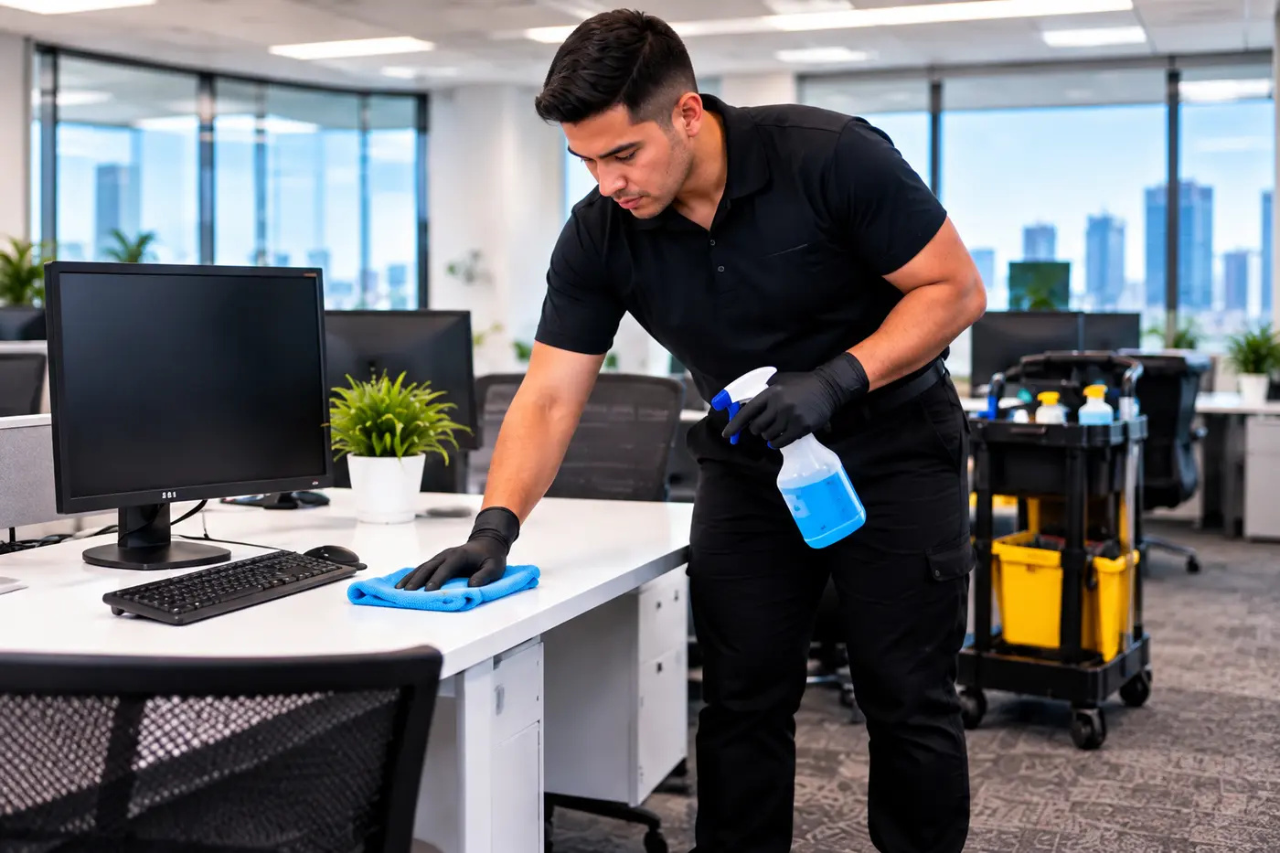 Golden Touch professional cleaning an office workstation